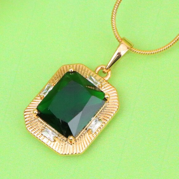 "Green Emerald Cut Pendant with Textured Gold Plated Frame, XPPT1783 - Picture 1 of 13
